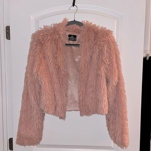 Designer Vintage pink silk Faux fur cropped jacket